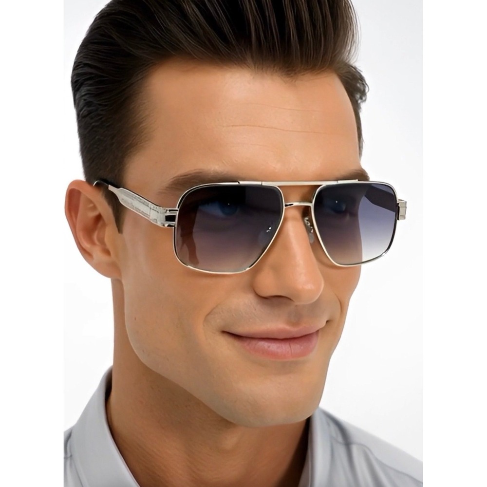 Mens‎ Sunglasses Silver Metal Frame Gradient Lens Double Bridge Aviator Outfit